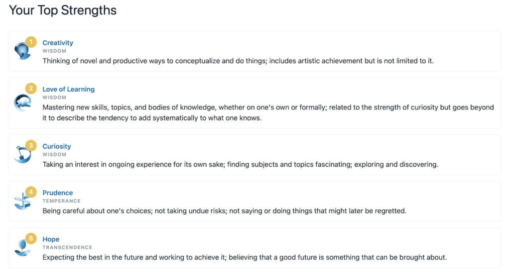 The VIA Survey and Your Comparative Advantage 6 VIA Survey results showing top five character strengths: 1. Creativity (Wisdom), 2. Love of Learning (Wisdom), 3. Curiosity (Wisdom), 4. Prudence (Temperance), 5. Hope (Transcendence), each with a brief description from the VIA Institute.