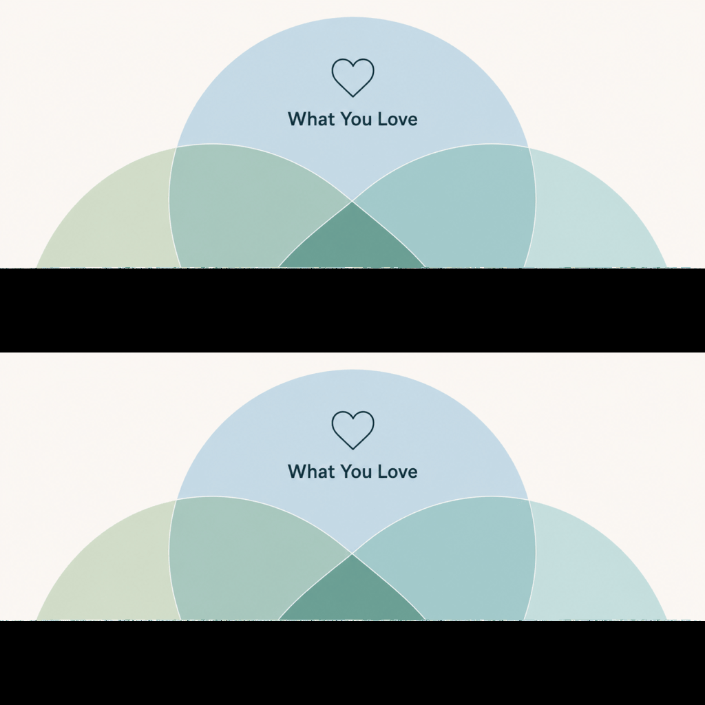 The Comparative Advantage of Being Bad at Things 6 Ikigai Venn diagram with four overlapping pastel circles: what you love, what you're good at, what the world needs, and what you can be paid for, meeting in the center labeled "Ikigai (Sweet Spot).