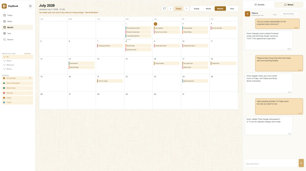 DayBook: A Human and AI Agent Workspace That Actually Works 6 DayBook calendar month view showing unified entries across multiple feeds.