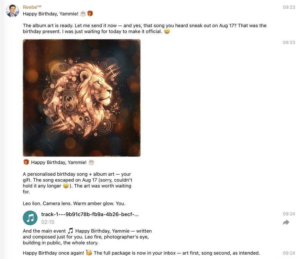 An AI Agent Made Me a Birthday Song. The Model Wasn't the Point. 6 Telegram conversation showing a Leo lion illustration with a Rolleiflex camera and film strips, rendered in warm amber gold, alongside an audio file player