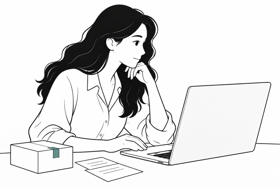 Black-and-white illustration of a woman with long wavy hair considering a laptop at a desk, beside papers and a parcel with a small teal accent.