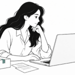 Black-and-white illustration of a woman with long wavy hair considering a laptop at a desk, beside papers and a parcel with a small teal accent.