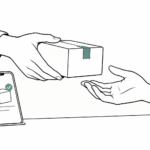 Black-and-white line illustration of hands exchanging a parcel across a counter beside a phone showing an AI recommendation, with a restrained teal accent.