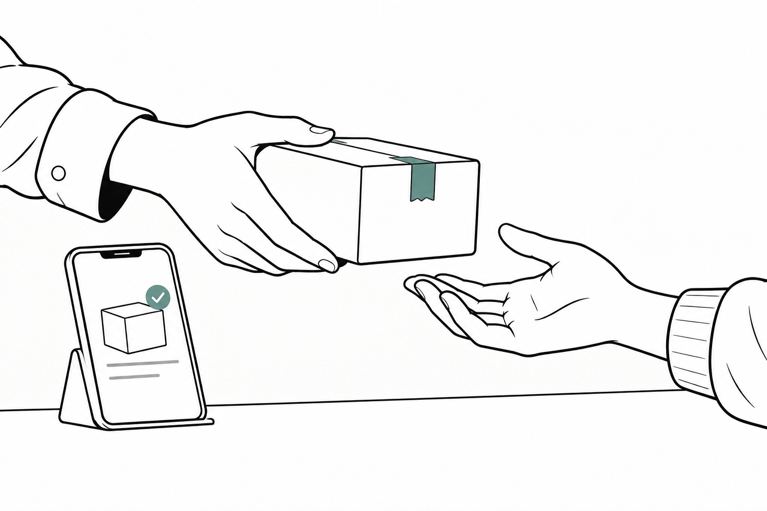 Human sales still pay the bills when agents recommend 3 Black-and-white line illustration of hands exchanging a parcel across a counter beside a phone showing an AI recommendation, with a restrained teal accent.
