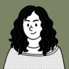 Black-and-white illustrated portrait of a woman with wavy hair on a muted green background.