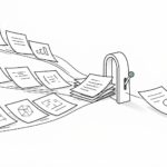 Line illustration of research, code and build outputs queuing at a single decision gate with a teal lever.