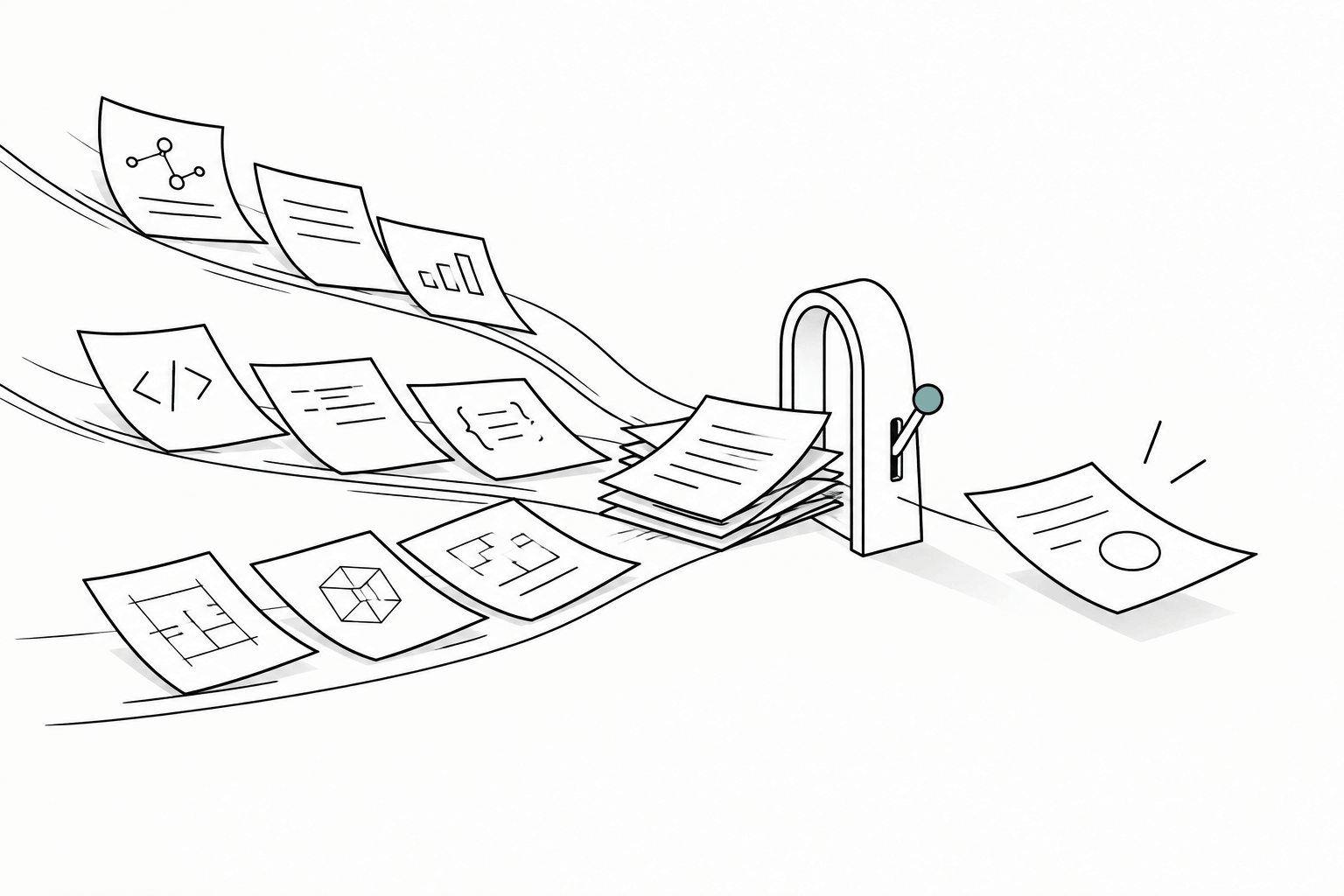 When time stops being the bottleneck: AI agents and judgement 3 Line illustration of research, code and build outputs queuing at a single decision gate with a teal lever.